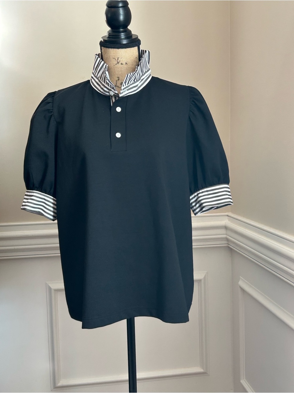 entro Black Polo Shirt with Striped Collar and Cuffed Puff Sleeves